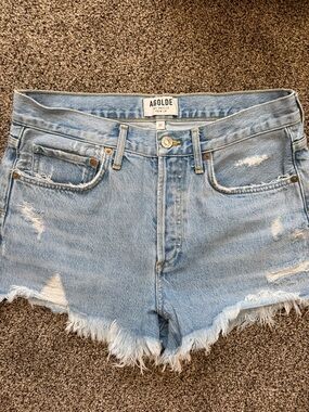 Agolde Light Blue Frayed Hem Distressed Denim Shorts
